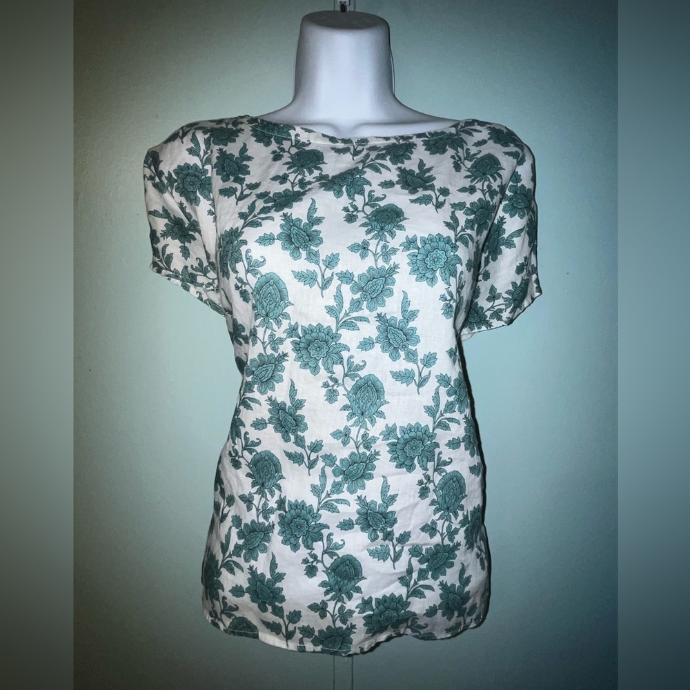 Cynthia Rowley Button Down Back Blouse Size Medium 100% Linen‎ White Floral